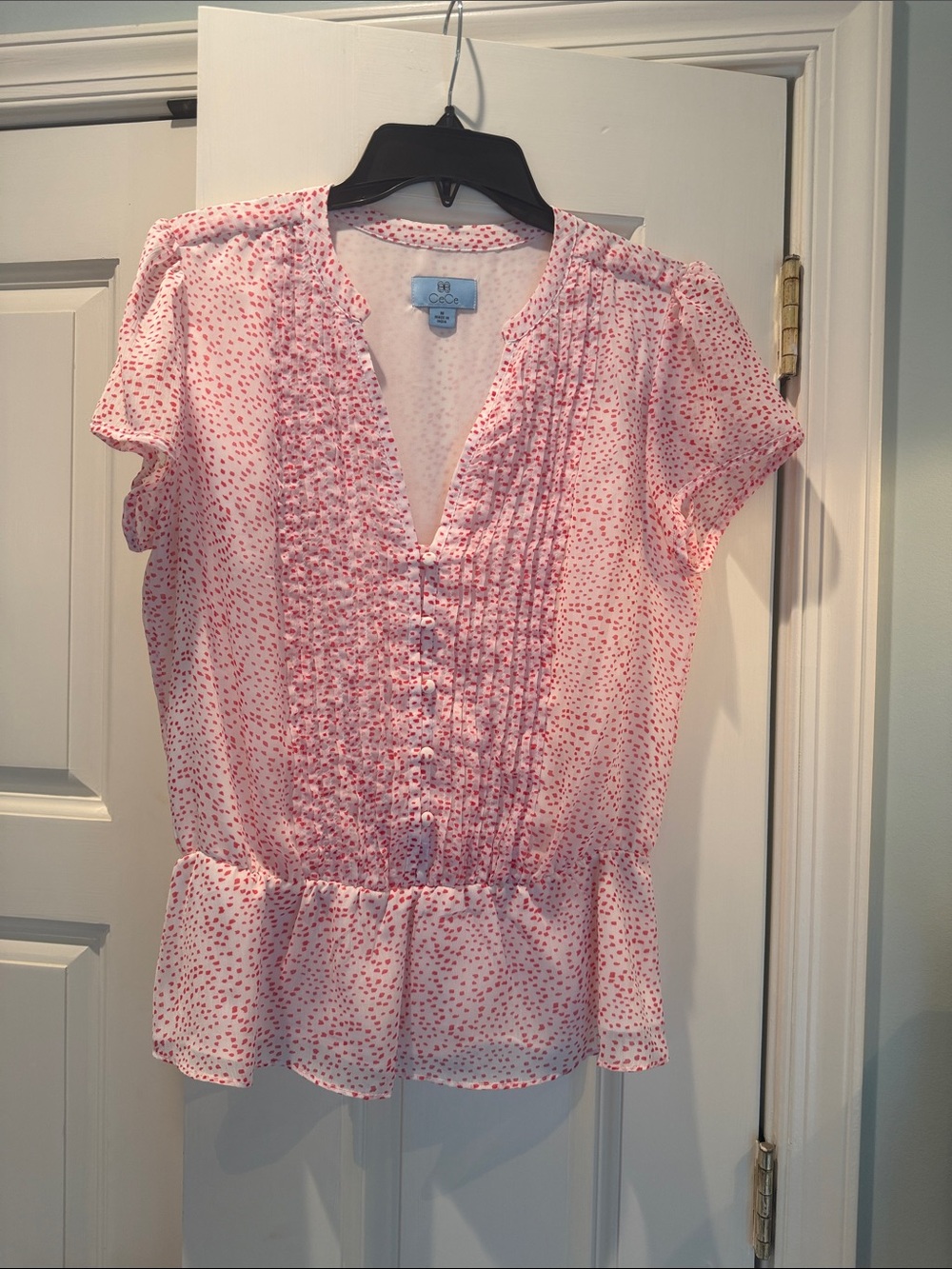CeCe Pink Blouse with Red Dot Print Peplum